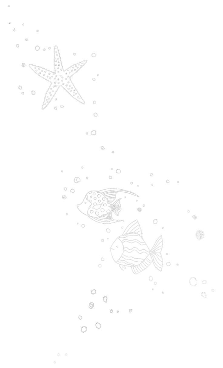 A white line-drawing of some fish and a starfish, surrounded by
    bubbles.