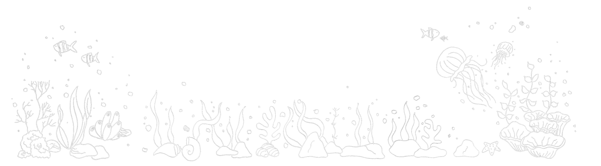 A white line-drawing of the sea-floor. There are lots of rocks,
				shells, starfish, small fish, and all kinds of seaweed.