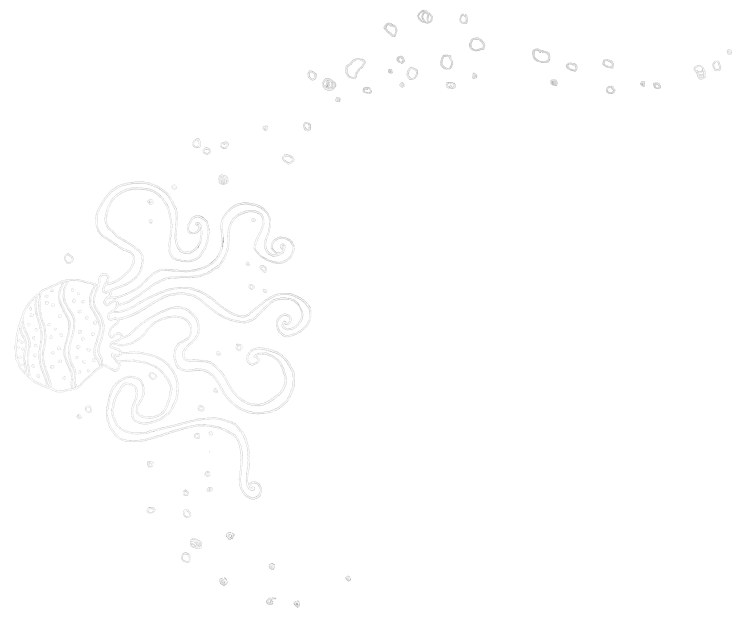 A white line-drawing of an octopus swimming against a deep blue-green
    background. It is surrounded by lots of bubbles.