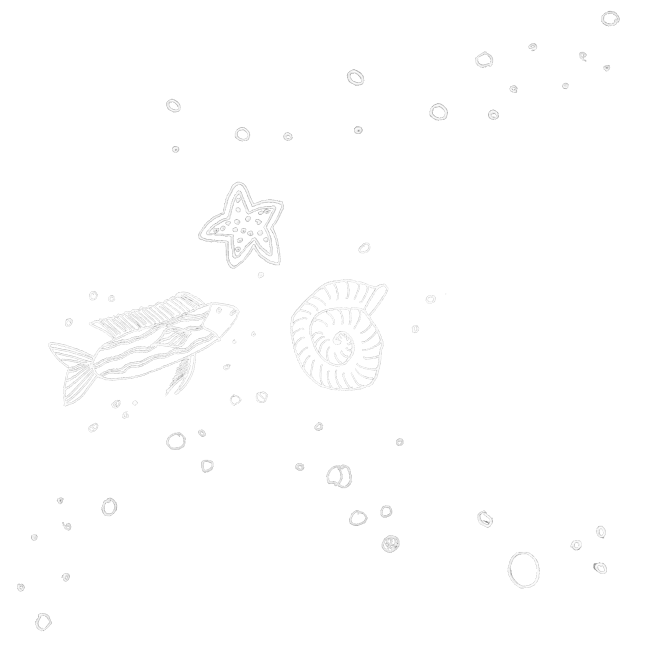 A white line-drawing of a fish, a small starfish, a spiral shaped
    shell, and bubbles.